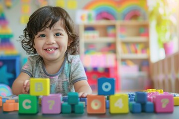 Fototapeta premium Smiling Toddler Playing with Alphabet Blocks