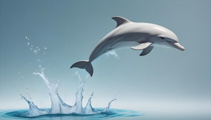 Fototapeta premium A gray dolphin jumping out of the water against a blurry plain background