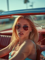 A woman relaxing in a car while wearing a bikini, perfect for advertising summer activities or vacations