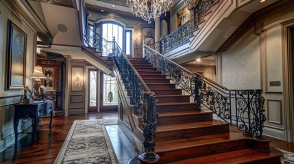 Obraz premium An elegant transitional staircase with a wrought iron railing