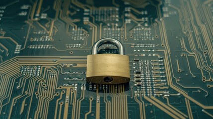 A closed padlock sits atop a dark blue circuit board with copper traces
