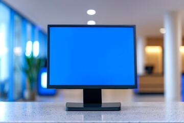 Fototapeta premium A black computer monitor with a blue screen sits on a counter in a modern office lobby. The background is blurred, blue screen of the death concept.