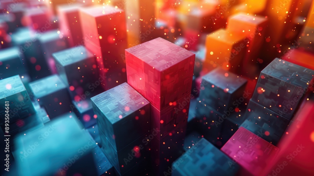 Poster colorful abstract 3d blocks in a digital cityscape with dynamic lighting and depth, creating a futur