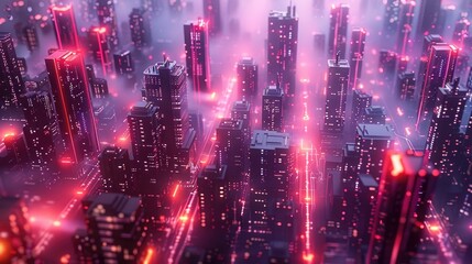 Obraz premium Futuristic cityscape with neon lights and fog, showcasing a vibrant and tech-savvy urban environment illuminated at night.