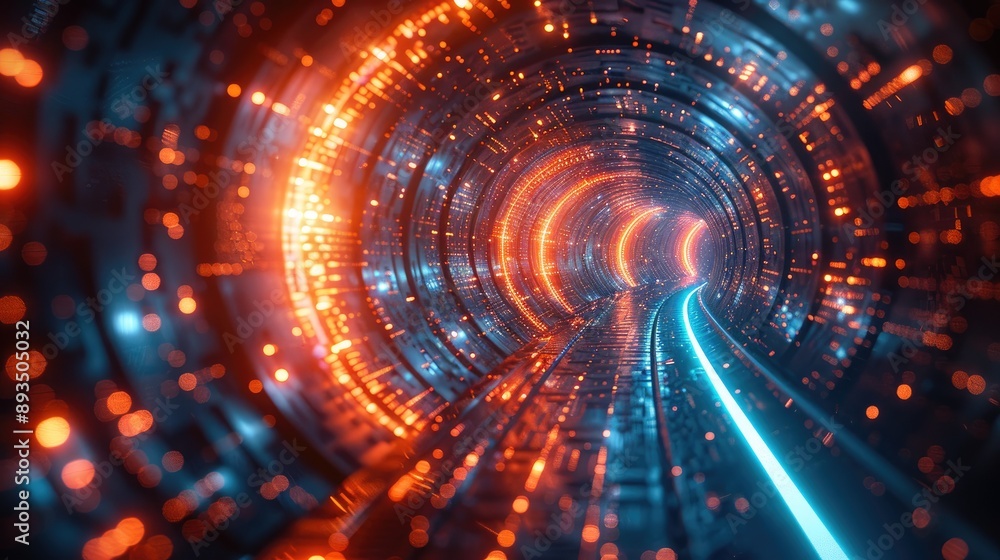 Poster futuristic tunnel with glowing neon lights in blue and orange, representing high-speed data transmis