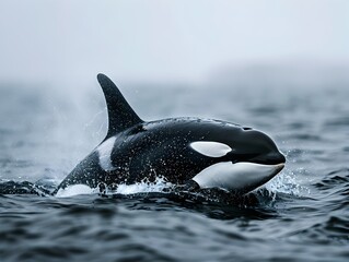 Fototapeta premium Powerful Orca Breaching the Waves of the Ocean in Graceful Motion