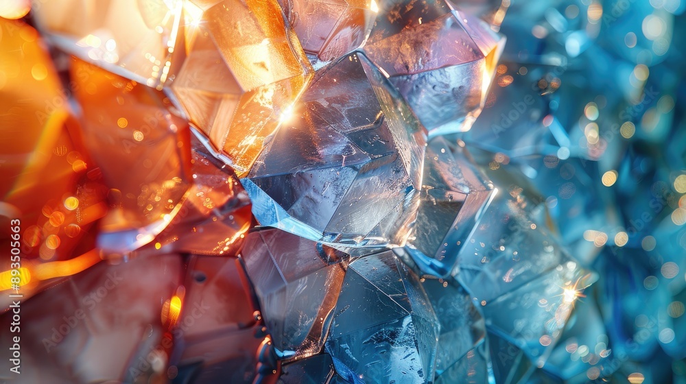Poster vibrant abstract close-up of colorful crystal-like structures with glowing orange and blue lights, c