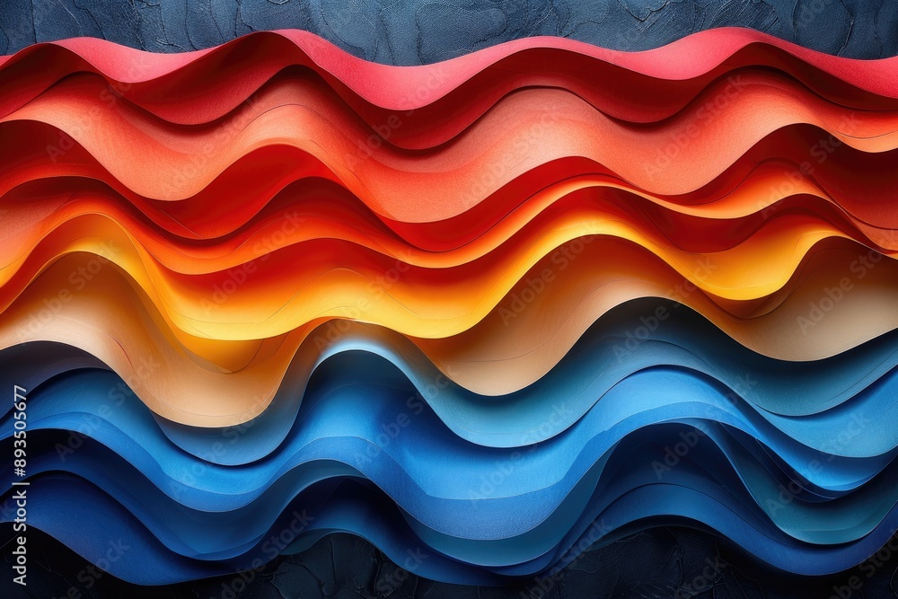 Poster vibrant abstract wave pattern in red, orange, yellow, and blue tones. modern art background, fluid c