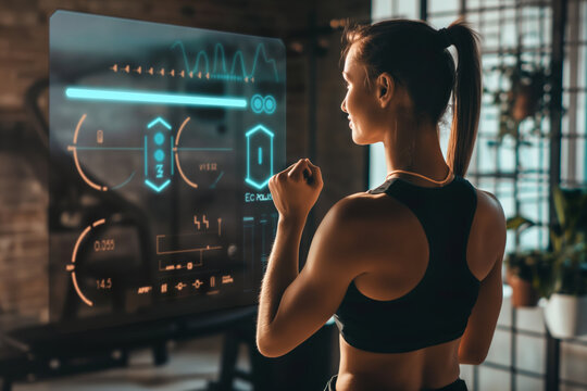 Enhance your exercise routine with Augmented Reality technology for futuristic fitness training.woman works out modern gym using AR display to track realtime stats,engaging in hightech fitness session