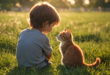 Boy hug cat in meadow