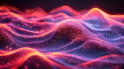 Fototapeta premium Vibrant, futuristic wave patterns with glowing particles, portraying a sense of motion and energy in an abstract digital landscape.