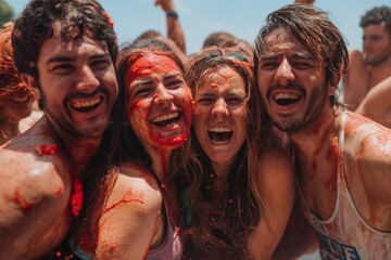 Fototapeta premium A group of friends revels in the festivities, drenched in red, their laughter and joy echoing amidst the vibrant atmosphere of La Tomatina festival.