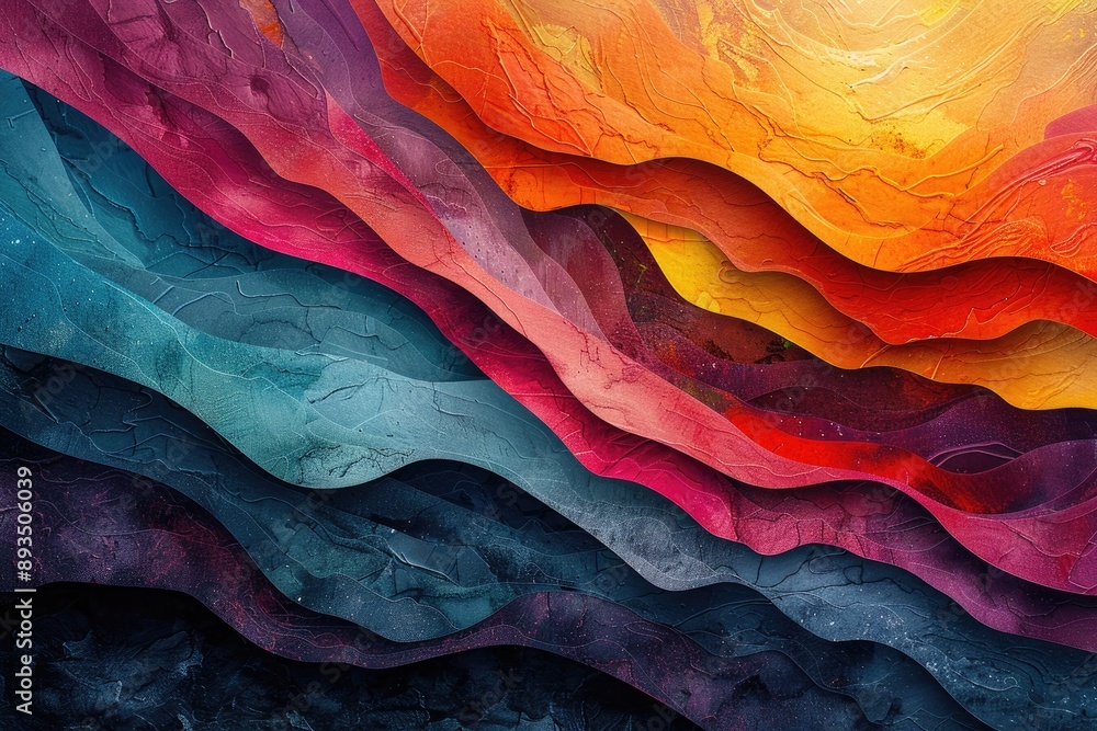 Poster vibrant abstract waves of multicolored layers, capturing artistic texture and depth in a visually st
