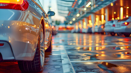 Obraz premium Car parked at outdoor parking lot. Used car for sale and rental service. Automobile parking area. Car dealership and dealer agent concept.