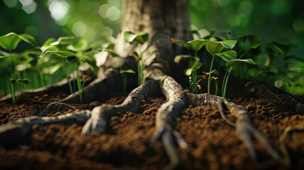 Tree roots in soil close up, underground texture