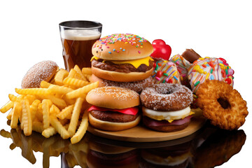 vibrant and colorful still life of a variety of junk food items, including a burger, fries, pizza, chicken wings, donuts, and ice cream, arranged on a white background