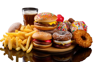 vibrant and colorful still life of a variety of junk food items, including a burger, fries, pizza, chicken wings, donuts, and ice cream, arranged on a white background