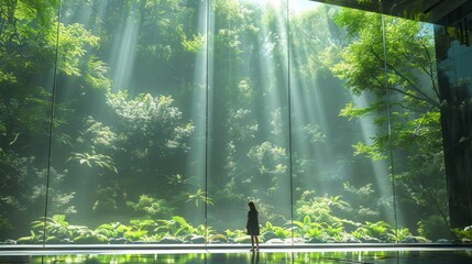 Woman in awe of lush green forest displayed in modern exhibit, concept of nature, serenity, and innovative presentation