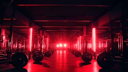 Wide-angle shot of a spacious modern gym with an array of weights, bars, and racks. The room is bathed in strong artificial red lighting, casting dramatic nighttime shadows