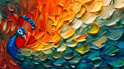 Fototapeta premium Abstract oil painting: colorful peacock tail painted with palette knife 
