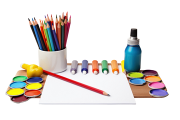 versatile and engaging art set for children, including crayons, markers, paints, and paper, isolated on white background