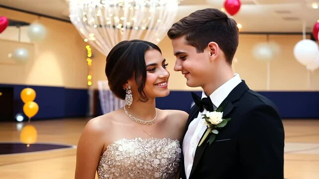 Young couple, teenage boy and girl, posing for a prom portrait. The young man in a stylish black tuxedo and the young woman in an elegant gown. Prom night, graduation celebration, high school dance