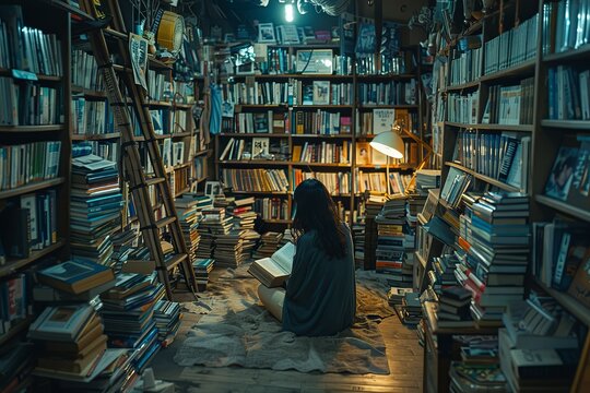 A solitary figure immersed in reading amidst the stacks of a quaint bookshop, concept of escapism and literary adventure
