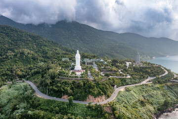 Aerial view of Ling Ung pagoda, Son Tra peninsula, Da Nang, Vietnam.