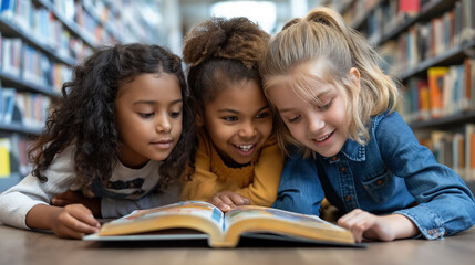 Three diverse young girls lying on the floor in a library, engrossed in a book, sharing a moment of discovery and friendship.