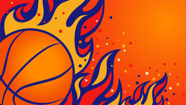 Basketball championship background design with sport ball in fire. Vector illustration flying basketball ball with red flame trails. Falling ball with long tongues