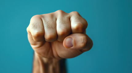 Close-up of a clenched fist against a blue background, emphasizing strength, determination, and power.
