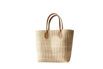 trendy woven tote bag made from natural fibers, photographed on a white background with soft, natural lighting.