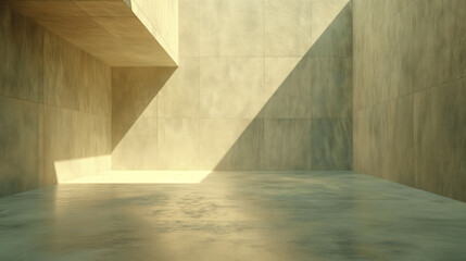 Minimalist architectural space with sharp shadows and soft light, highlighting geometric shapes and modern design.