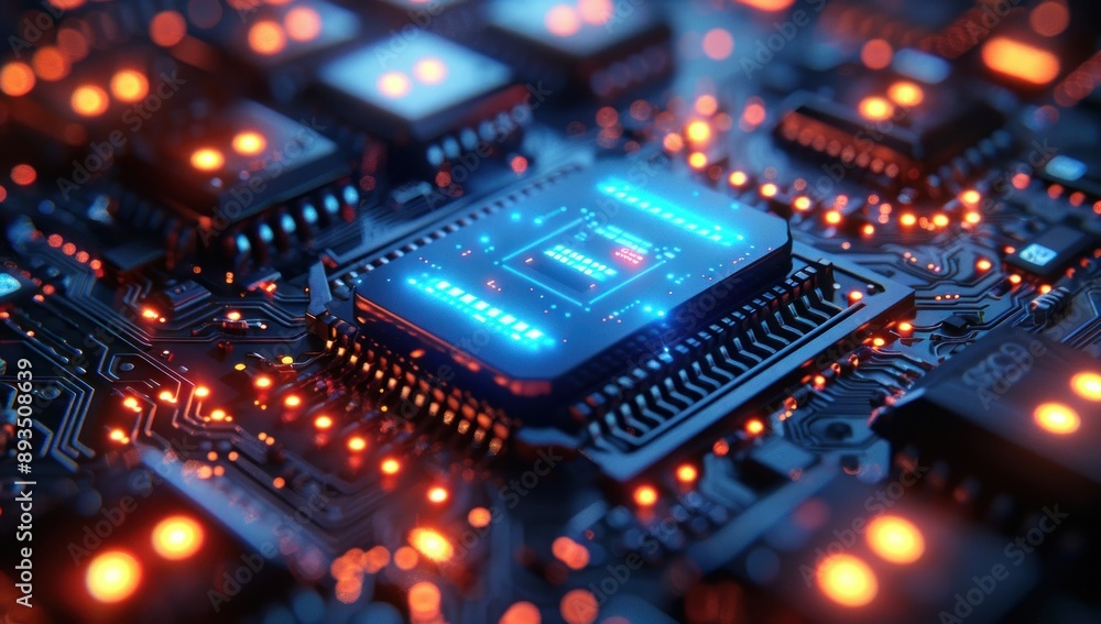 Poster a close-up view of a processor with a blue glowing core