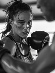 Woman boxer preparing to throw a punch in the ring