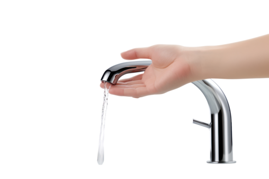 touchless kitchen faucet with a sensor that turns the water on and off automatically, isolated on a white background