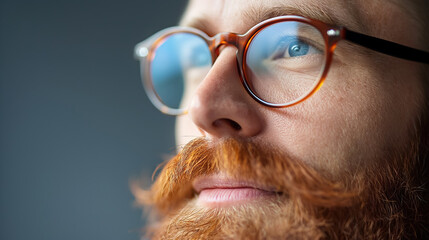 Man with a ginger beard and round glasses looking thoughtfully to the side, set against a dark background, emphasizing his contemplative nature.
