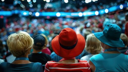 Supporters at a USA political convention, wearing party colors and showing their allegiance