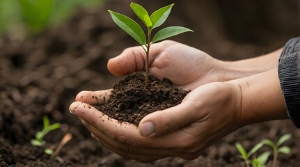 Image of a man's hand planting small plants attentively. The background of the image features natural land and nature.