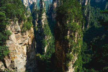 Zhangjiajie national forest park, China, Glass bridge of Zhangjiajie China Tianzishan with blue sky, concept of world heritage, avatar, heritage peak or cliff mountain, tourist attraction famous place