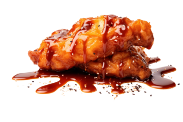 tantalizing close-up shot of a deep-fried chicken wing, coated in a crispy batter and drizzled with a sweet and spicy sauce, on a white background