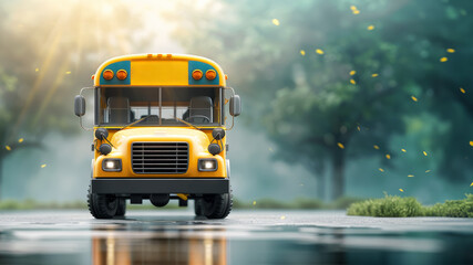 Obraz premium Front view of a yellow school bus parked on a wet road in the early morning with a blurred autumn background and falling leaves.