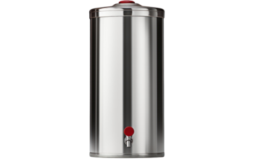 tall, cylindrical stainless steel water tank with a shiny finish and a red valve. Isolated on white background