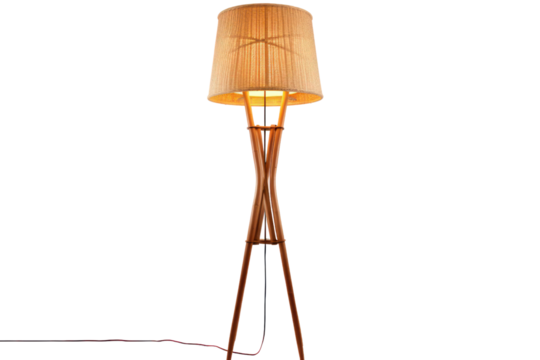 sustainable bamboo floor lamp with a natural wood finish and a woven fabric shade, isolated on a white background