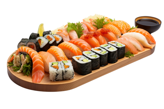 sushi platter featuring a variety of nigiri and maki rolls, showcasing the fresh colors and intricate presentation, with a white background emphasizing the delicacy.