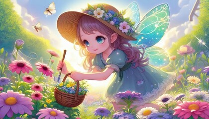 A fairy takes care of the flower garden.