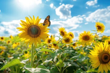 Obraz premium Sunflowers in a field, with a butterfly perched on one of the blooms