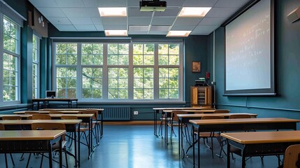 Bright, contemporary classroom featuring advanced technology for interactive learning, showcasing a blend of education and innovation in a vibrant atmosphere.
