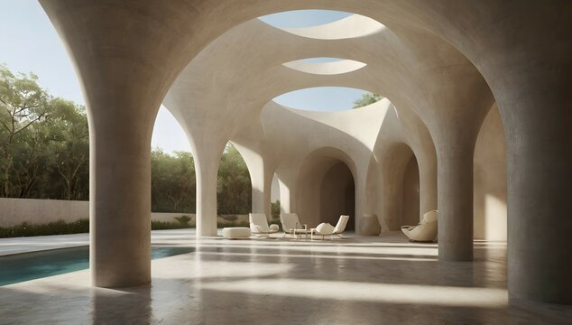 a vertical internal circular cylindre corridor with minimalist space, an ogive circular roof ,white sand