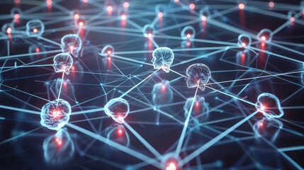 digital visualization of a financial innovation think tank, with glowing brains connected by light beams, brainstorming new fintech solutions